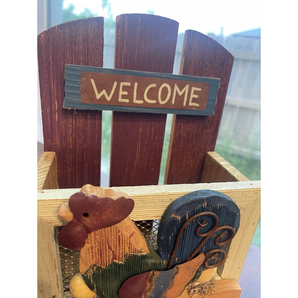 Rustic Wooden Rooster Mail Organizer Holder Farmhouse Wall Decor "Welcome" - Picture 3 of 5